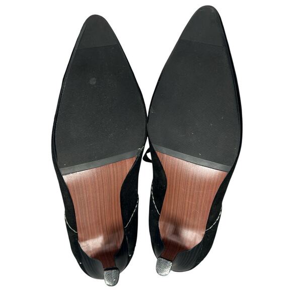 Y2K Black Leather Kitten Heels Sz 9W Pointed Toe Lace-Up Scalloped Edges Witchy - Picture 7 of 8